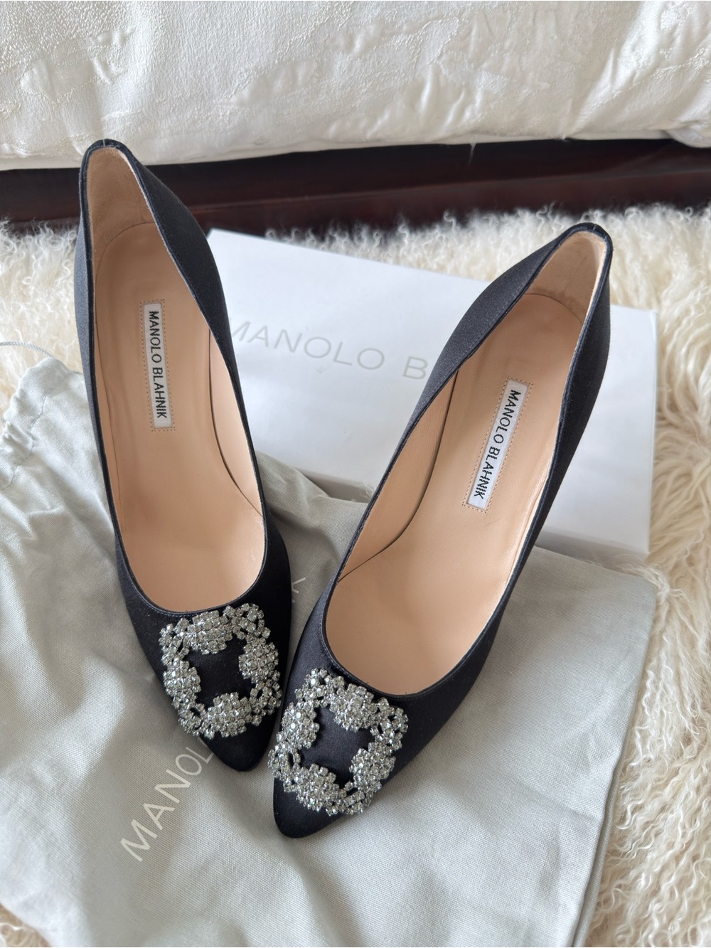 Manolo Blahnik Black Satin Pointed-Toe Pumps with Crystal Buckles